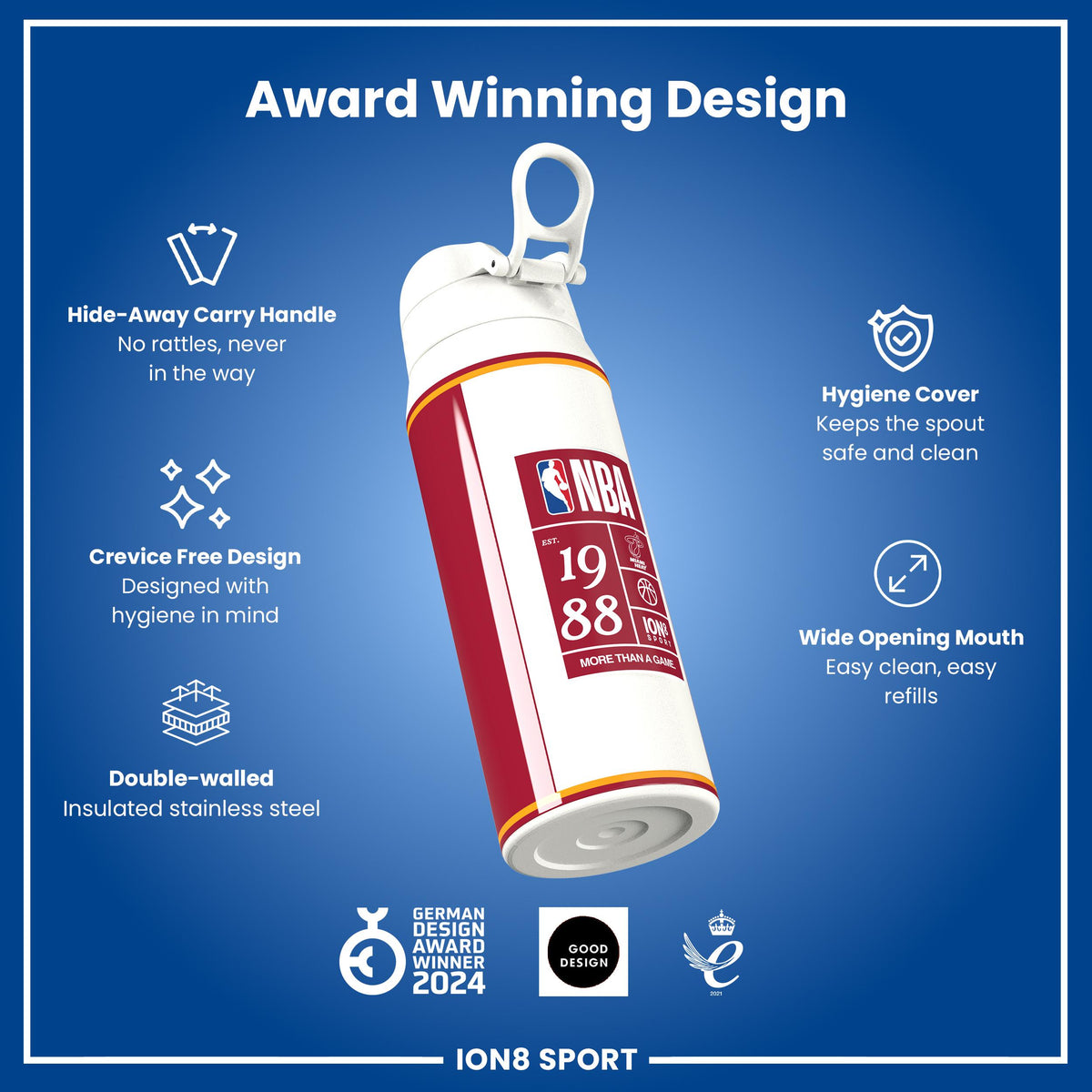 NBA x ION8, Isolierte Stahlflasche, Miami Heat, 750 ml