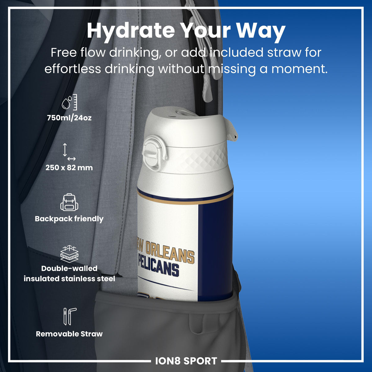 NBA x ION8, Isolierte Stahlflasche, NOLA Pelicans, 750 ml