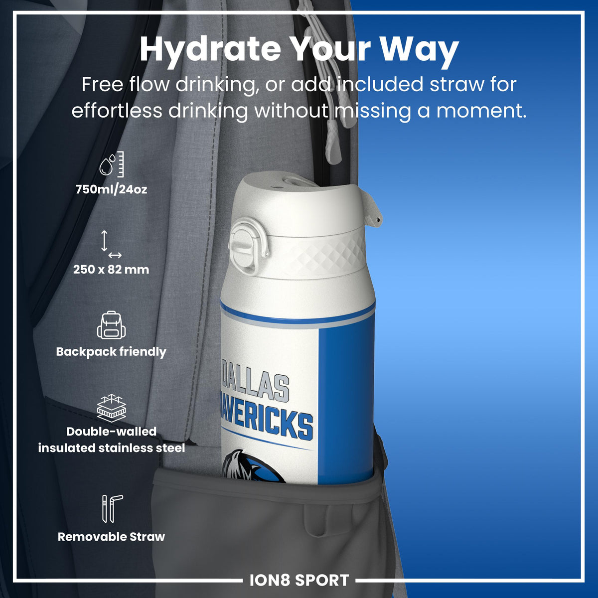 NBA x ION8, Isolierte Stahlflasche, Dallas Mavericks, 750 ml