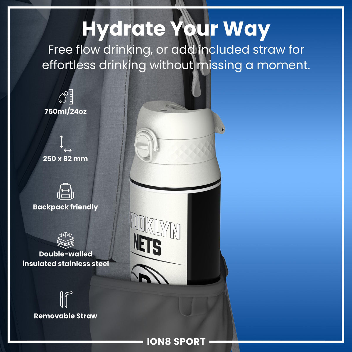 NBA x ION8, Isolierte Stahlflasche, Brooklyn Nets, 750 ml