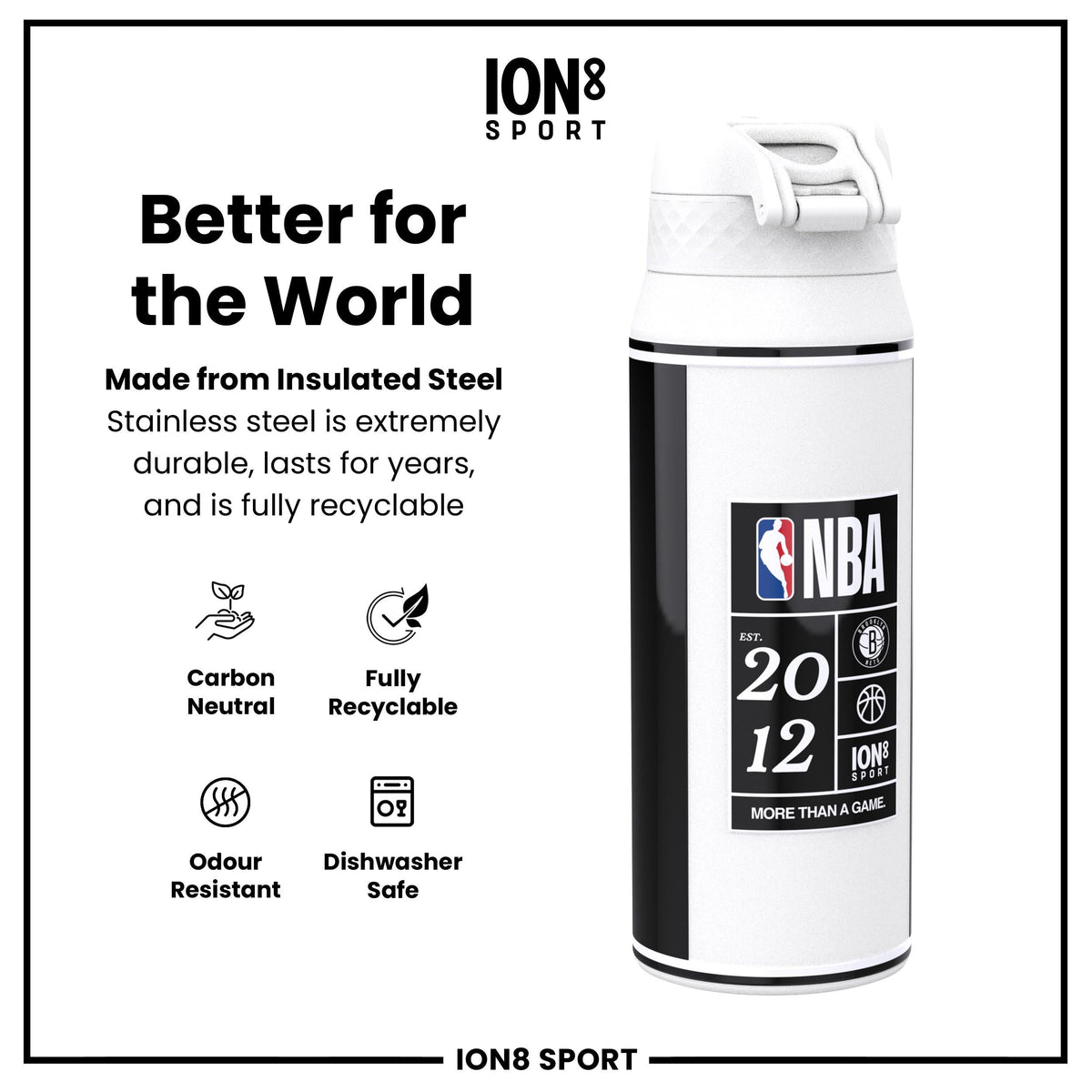 NBA x ION8, Isolierte Stahlflasche, Brooklyn Nets, 750 ml