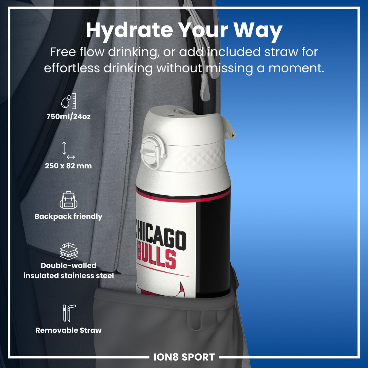 NBA x ION8, Isolierte Stahlflasche, Chicago Bulls, 750 ml