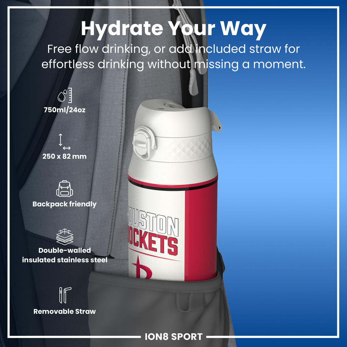 NBA x ION8, Isolierte Stahlflasche, Houston Rockets, 750 ml