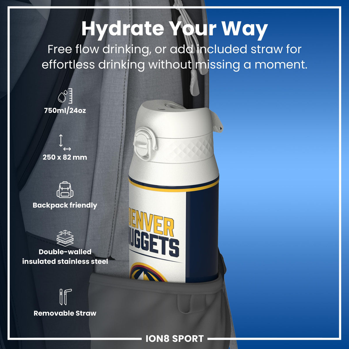 NBA x ION8, Isolierte Stahlflasche, Denver Nuggets, 750 ml