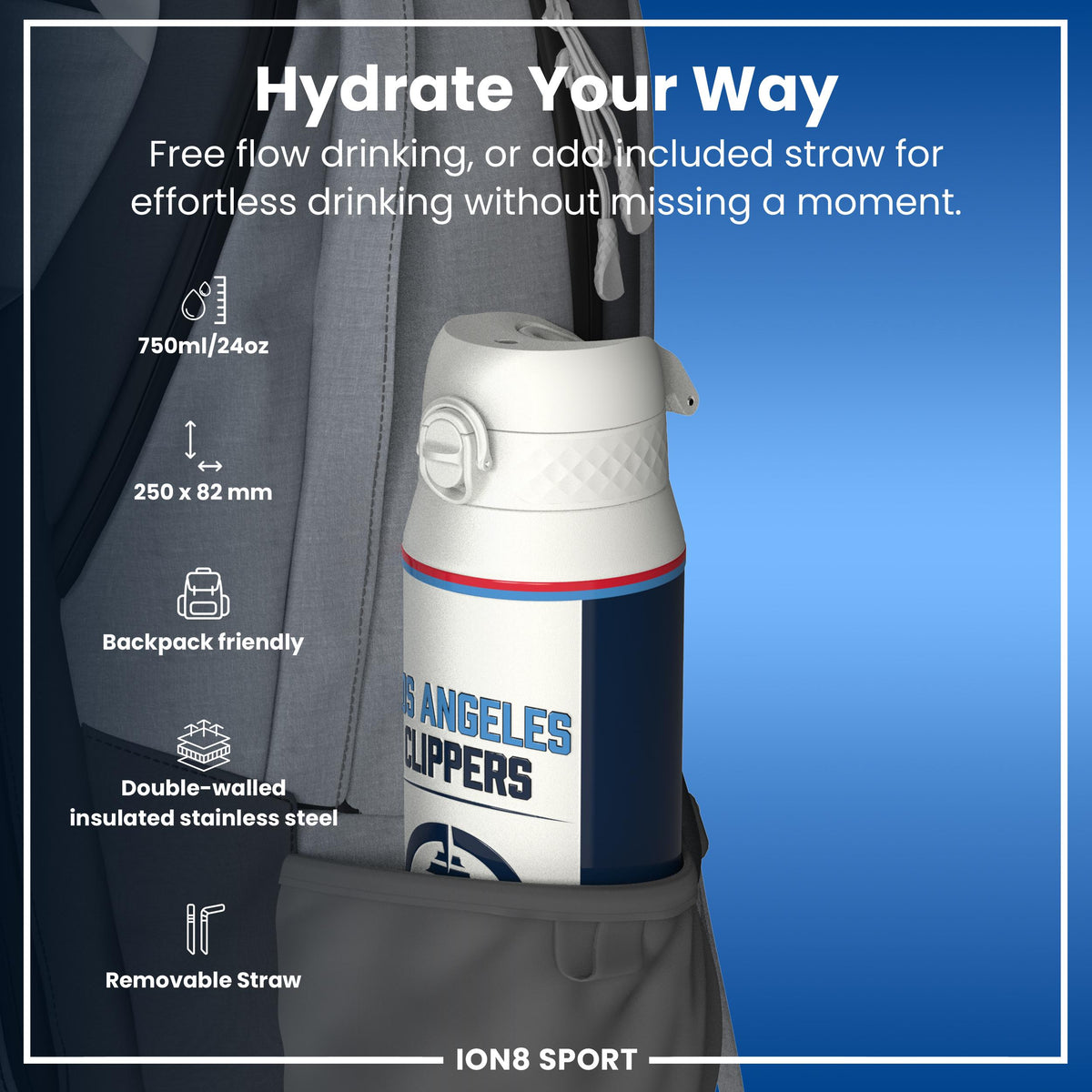 NBA x ION8, Isolierte Stahlflasche, LA Clippers, 750 ml