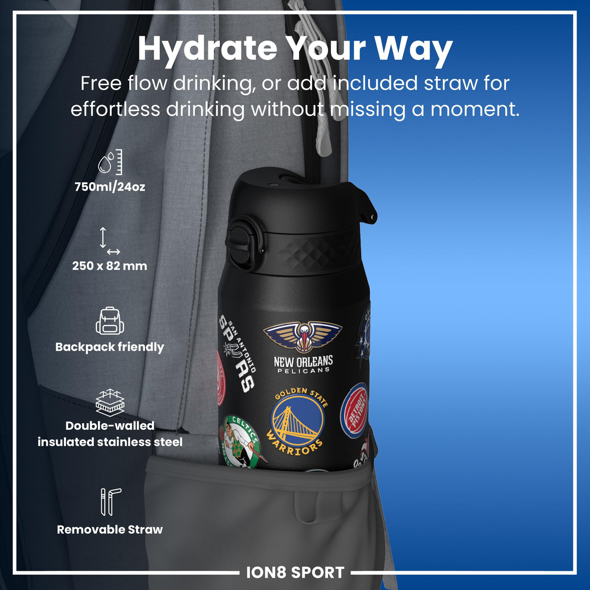 NBA x ION8, Isolierte Stahlflasche, Multi Teams, 750 ml