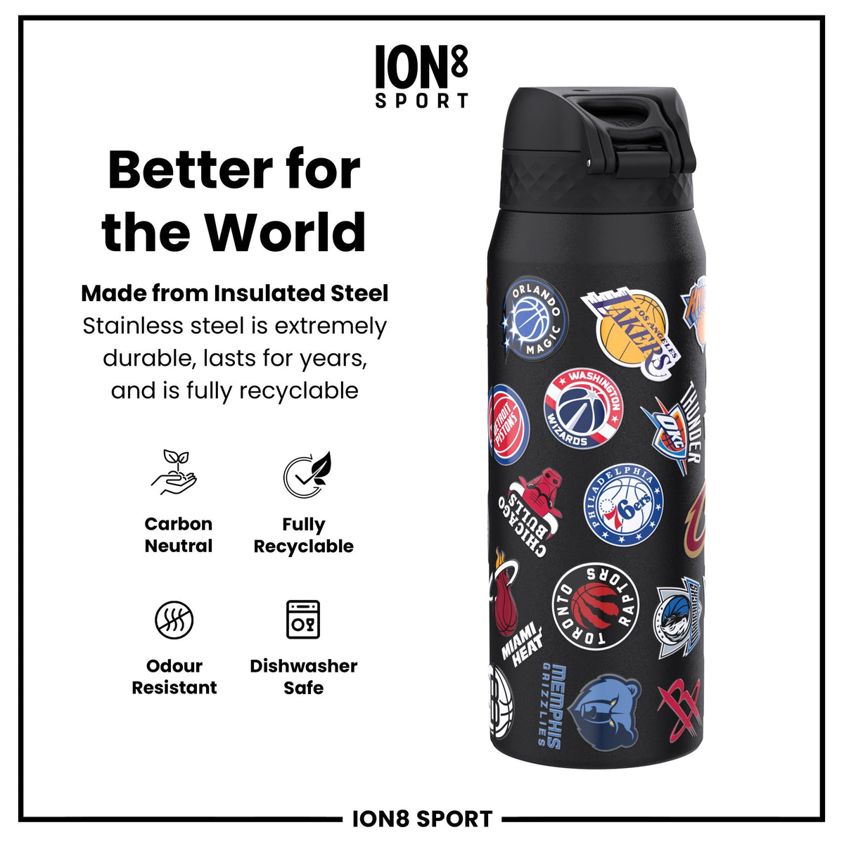 NBA x ION8, Isolierte Stahlflasche, Multi Teams, 750 ml