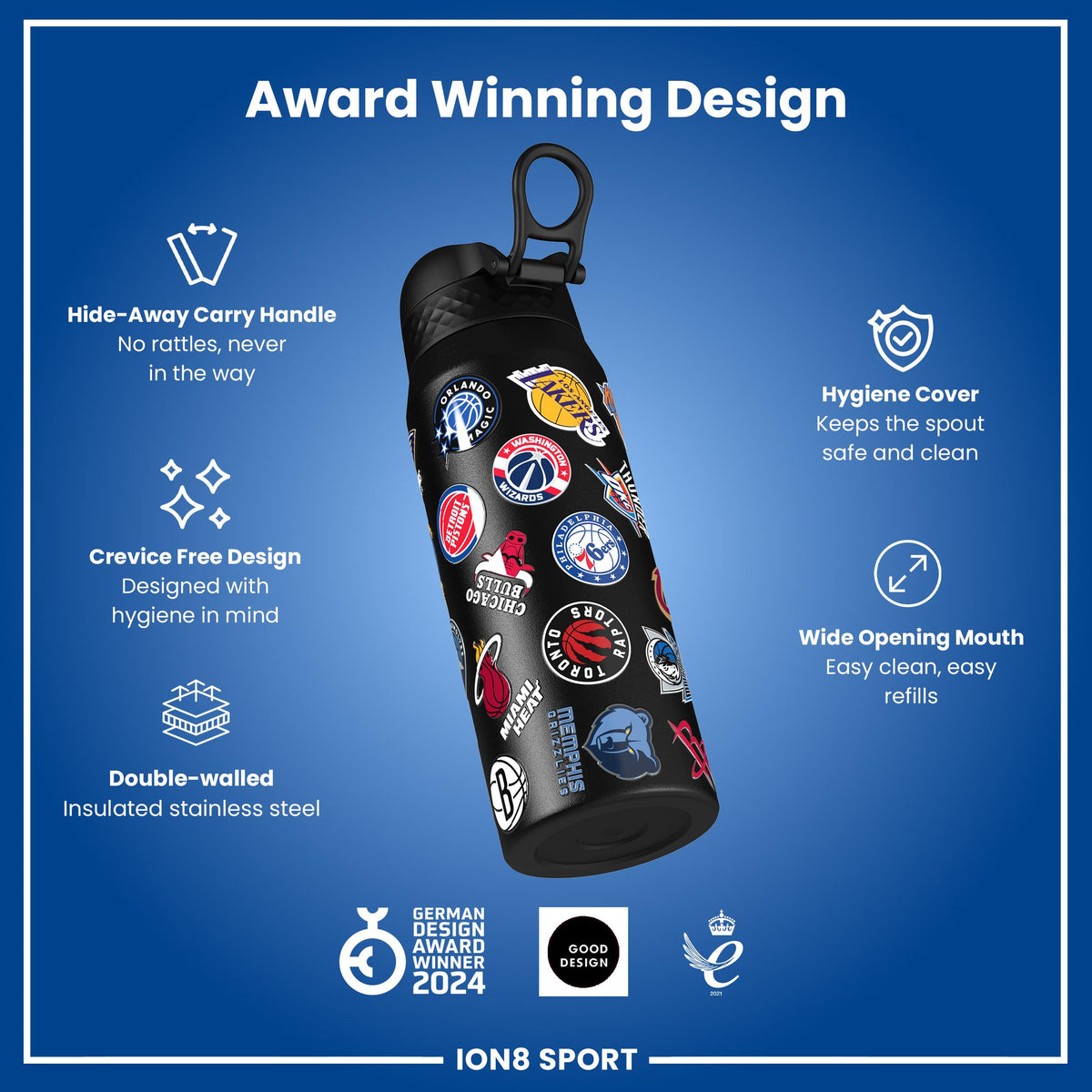 NBA x ION8, Isolierte Stahlflasche, Multi Teams, 750 ml