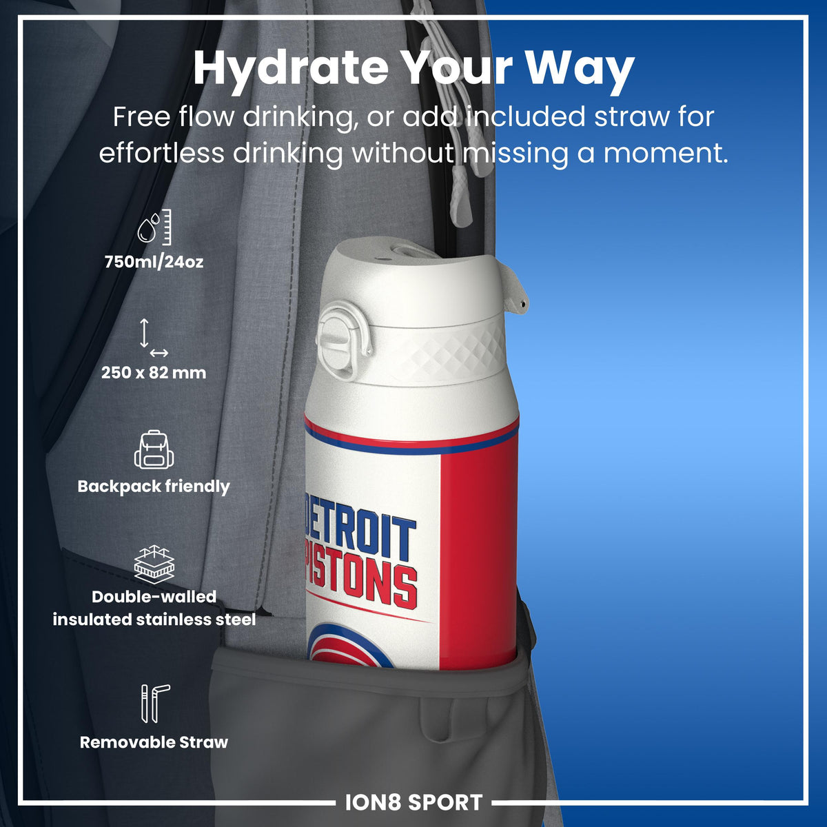NBA x ION8, Isolierte Stahlflasche, Detroit Pistons, 750 ml