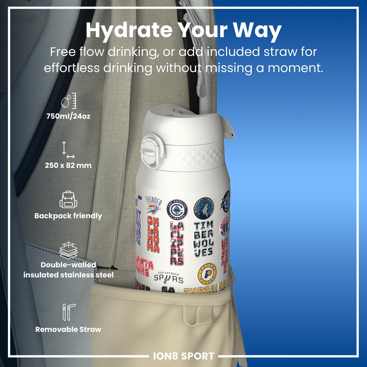 NBA x ION8, Isolierte Stahlflasche, Patch Logos, 750 ml