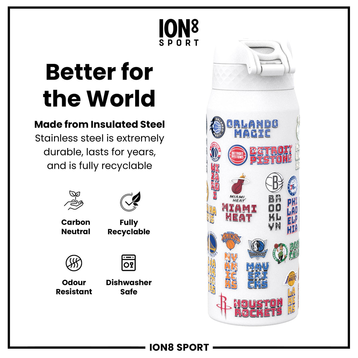 NBA x ION8, Isolierte Stahlflasche, Patch Logos, 750 ml