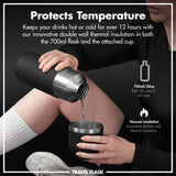 A person pours liquid from a black travel flask into a matching cup while seated, with text describing thermal insulation features and a 700ml capacity. Text: 