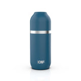 A blue insulated bottle standing upright with a silver horizontal band near the top on a plain white background. The text 