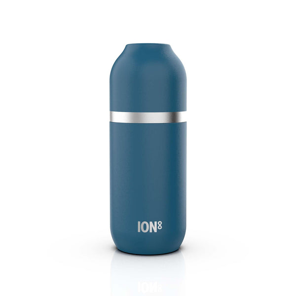 A blue insulated bottle standing upright with a silver horizontal band near the top on a plain white background. The text "ION8" is printed near the bottom.