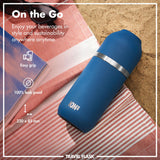 A blue travel flask labeled 