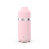 A pink insulated water bottle stands on a white background featuring a silver band around the middle with 