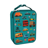 A rectangular teal lunchbox showcases colorful cartoon vehicles including cars, buses, and trucks with road signs such as 