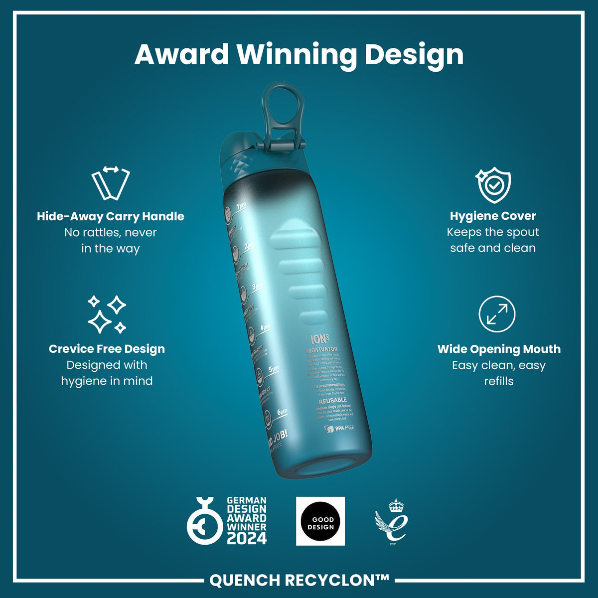 Recyclon-Wasserflasche mit Trinkzeiten, Türkis & Blau, 1 L