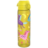 A yellow water bottle featuring colorful unicorns, hearts, and rainbows; one unicorn is purple, another pink, with the word 