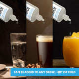 A liquid is being added to glasses of water, coffee, and orange juice. The liquid is from a small bottle labeled 