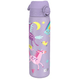 Purple water bottle featuring colorful unicorns, hearts, moons, stars, a rainbow with a smiling cloud, and the word 