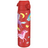 A red water bottle adorned with colorful unicorns and rainbows features a secure flip lid. The design includes the text 