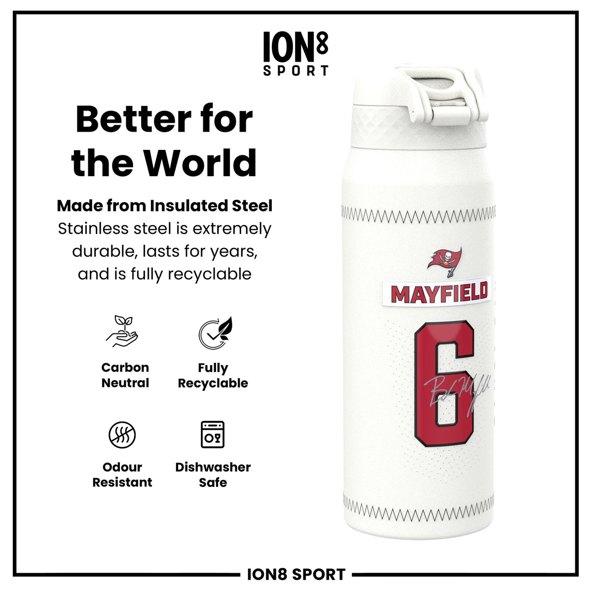 NFL x ION8, Isolierte Stahlflasche, GameDay Serie, Mayfield Buccaneers, 750 ml