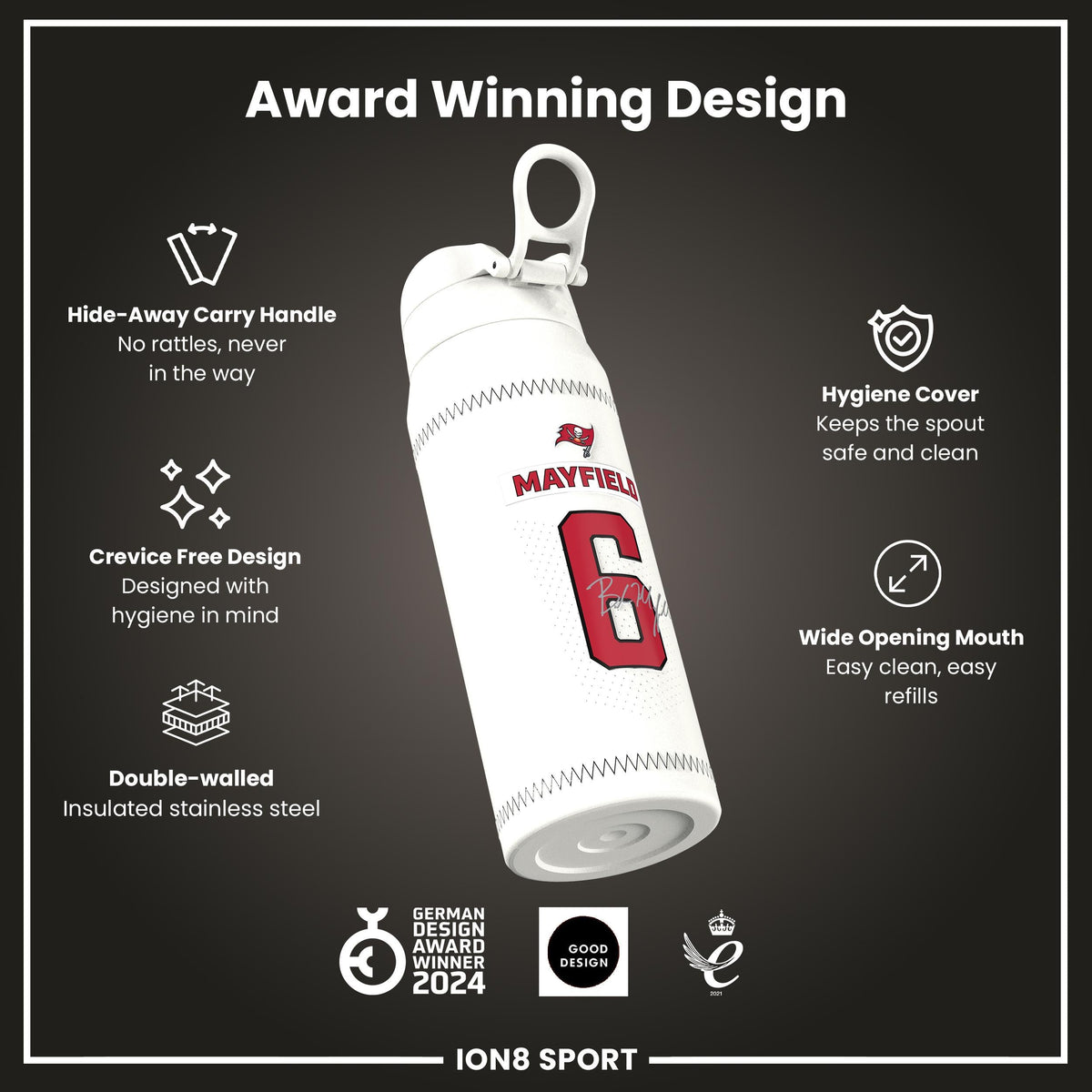 NFL x ION8, Isolierte Stahlflasche, GameDay Serie, Mayfield Buccaneers, 750 ml