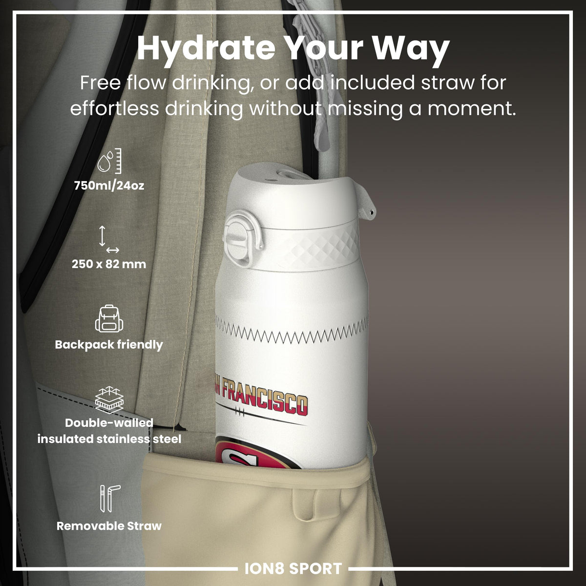 NFL x ION8, Isolierte Stahlflasche, GameDay Serie, Purdy 49ers, 750 ml