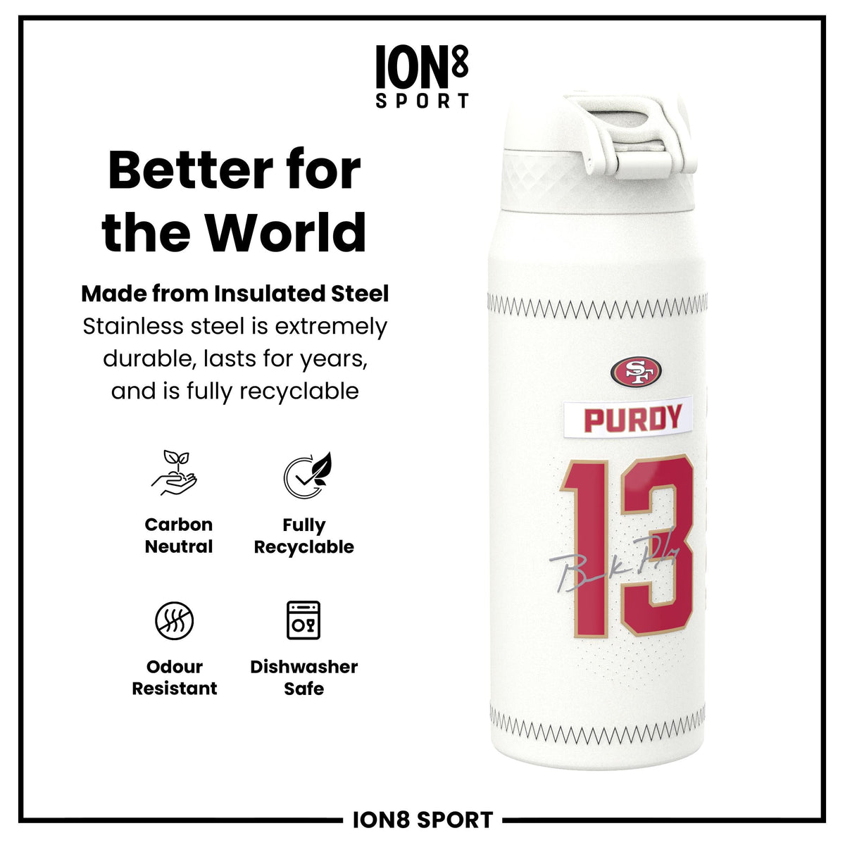 NFL x ION8, Isolierte Stahlflasche, GameDay Serie, Purdy 49ers, 750 ml