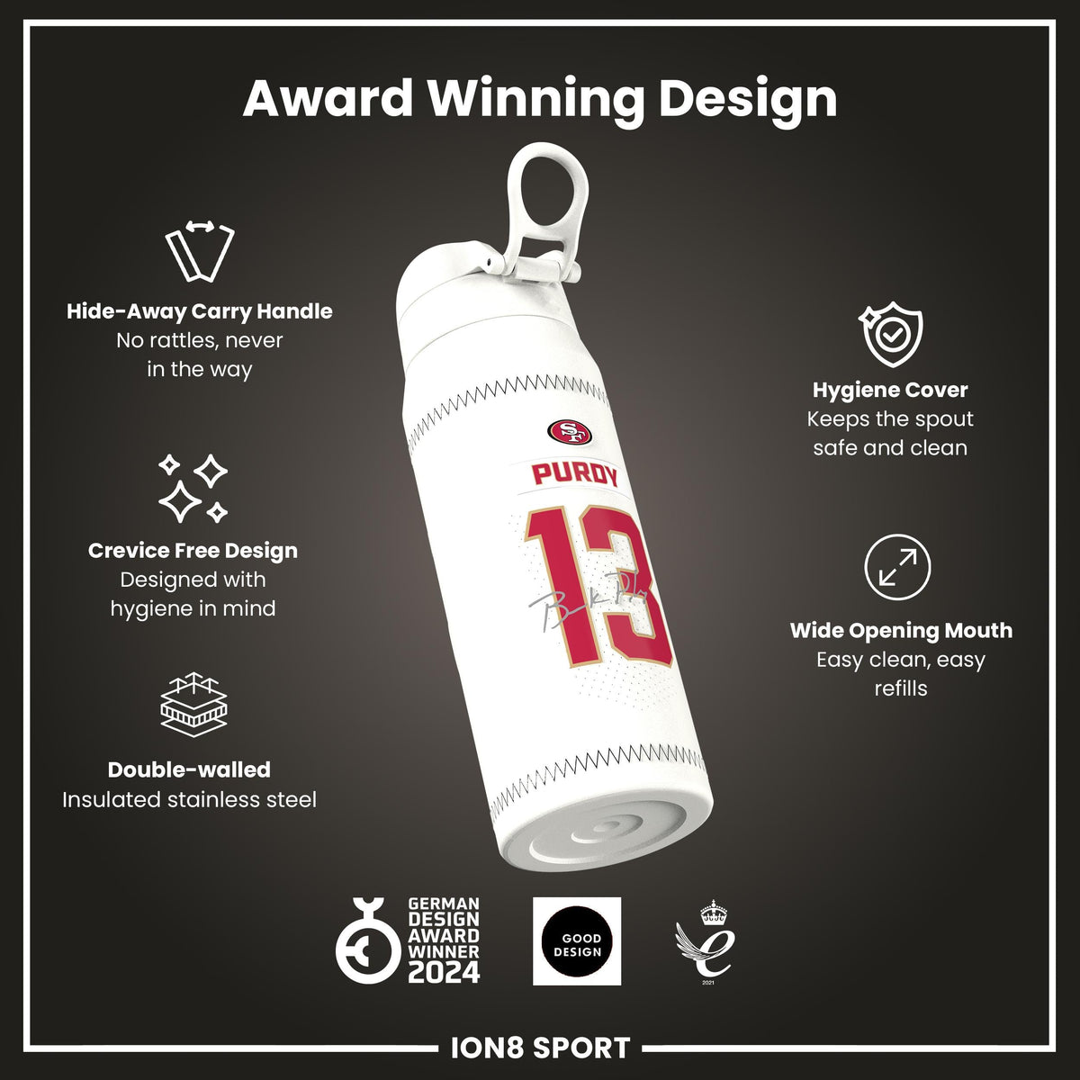 NFL x ION8, Isolierte Stahlflasche, GameDay Serie, Purdy 49ers, 750 ml