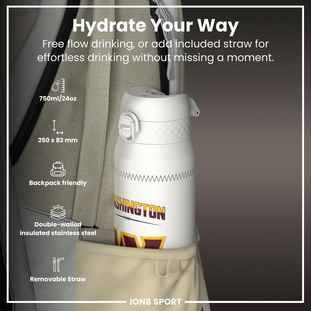 NFL x ION8, Isolierte Stahlflasche, GameDay Serie, Daniels Commanders, 750 ml