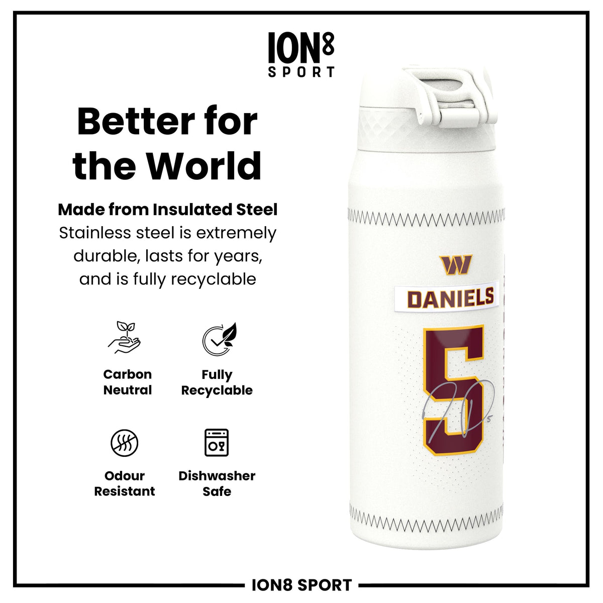 NFL x ION8, Isolierte Stahlflasche, GameDay Serie, Daniels Commanders, 750 ml