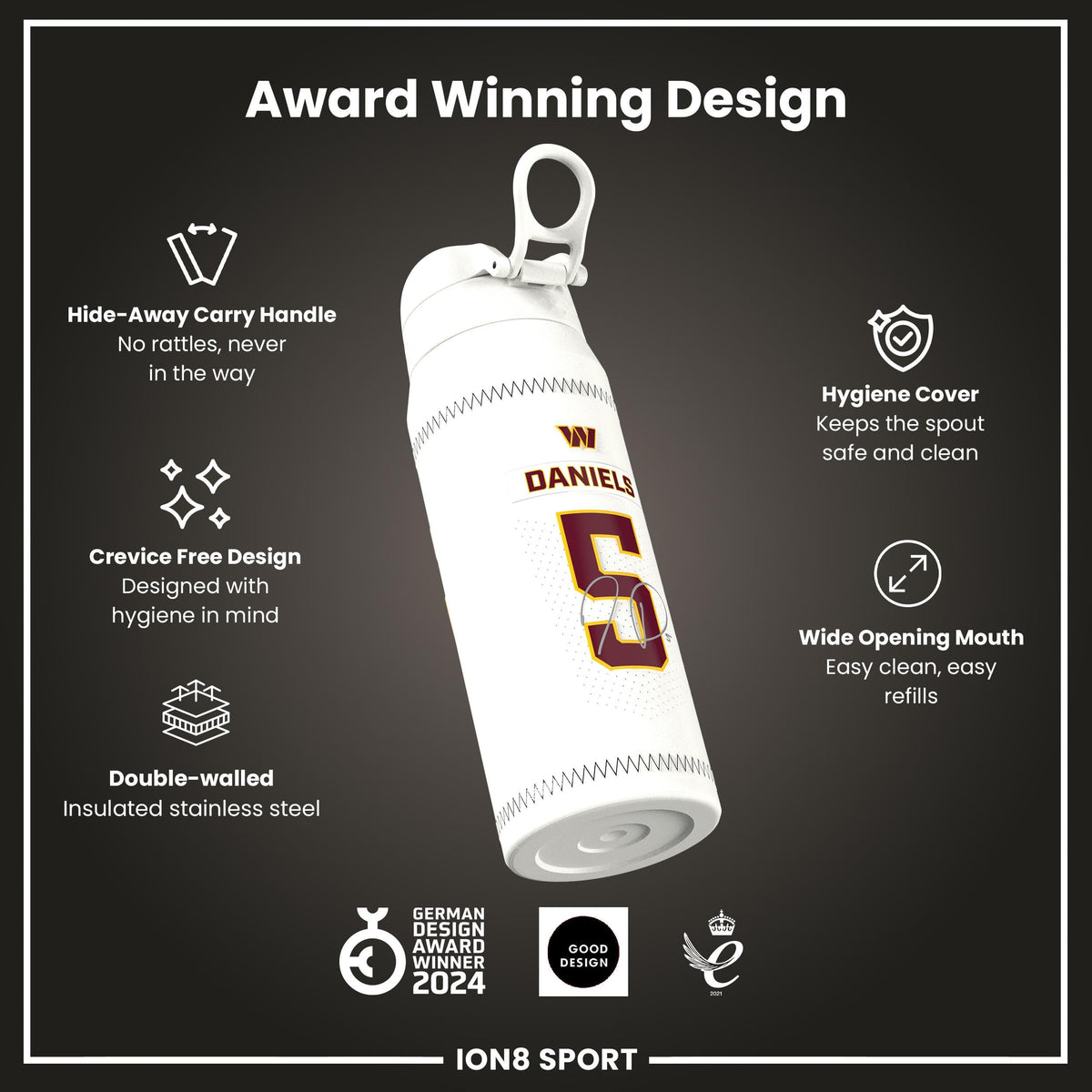 NFL x ION8, Isolierte Stahlflasche, GameDay Serie, Daniels Commanders, 750 ml