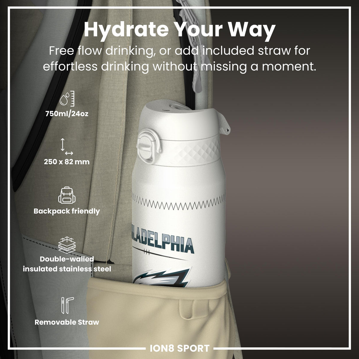 NFL x ION8, Isolierte Stahlflasche, GameDay Serie, Hurts Eagles, 750 ml