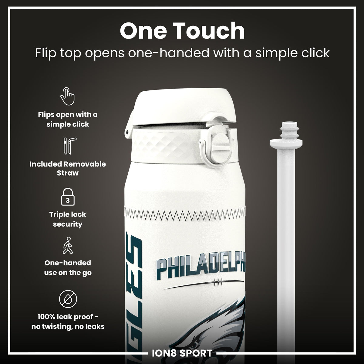 NFL x ION8, Isolierte Stahlflasche, GameDay Serie, Hurts Eagles, 750 ml