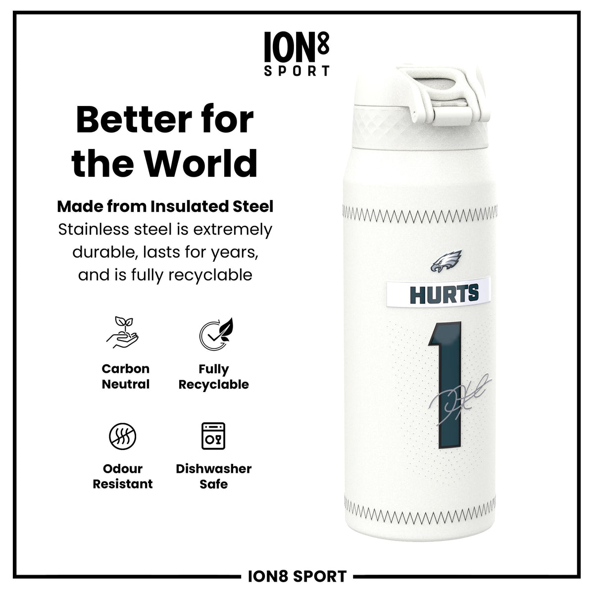NFL x ION8, Isolierte Stahlflasche, GameDay Serie, Hurts Eagles, 750 ml