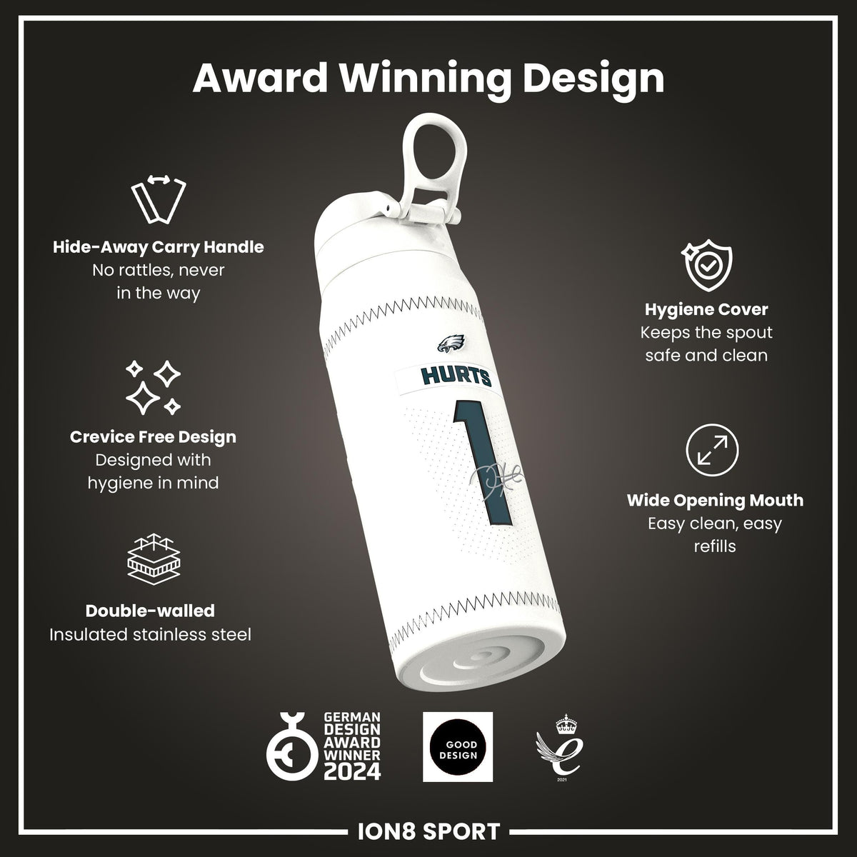 NFL x ION8, Isolierte Stahlflasche, GameDay Serie, Hurts Eagles, 750 ml
