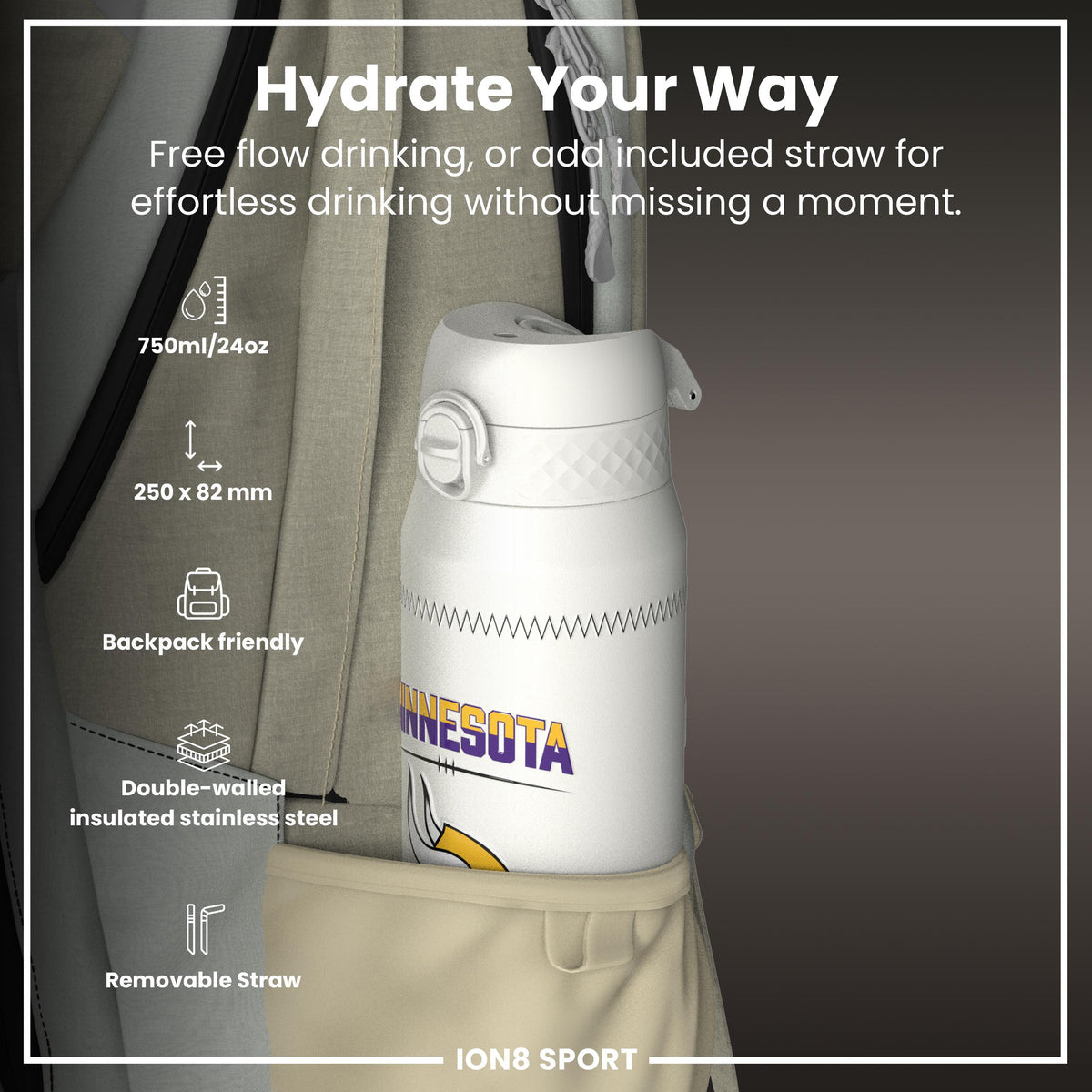 NFL x ION8, Isolierte Stahlflasche, GameDay Serie, Jefferson Vikings, 750 ml