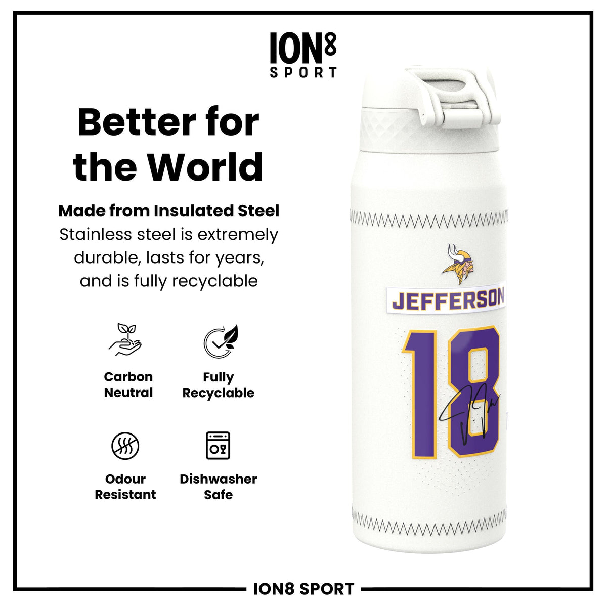 NFL x ION8, Isolierte Stahlflasche, GameDay Serie, Jefferson Vikings, 750 ml