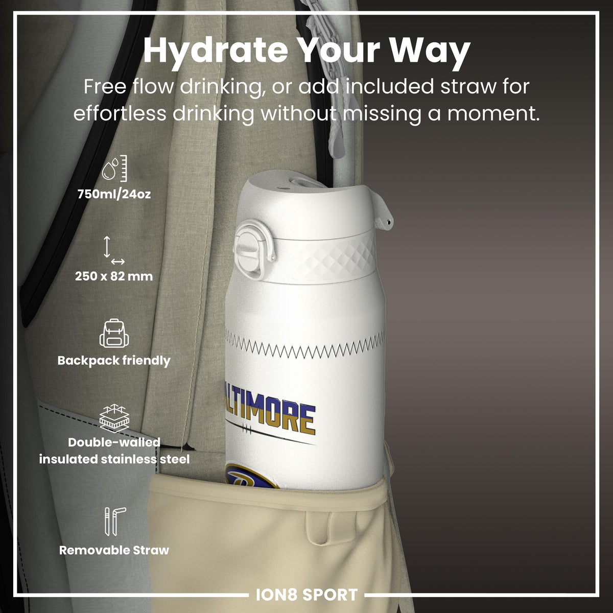 NFL x ION8, Isolierte Stahlflasche, GameDay Serie, Lamar Ravens, 750 ml