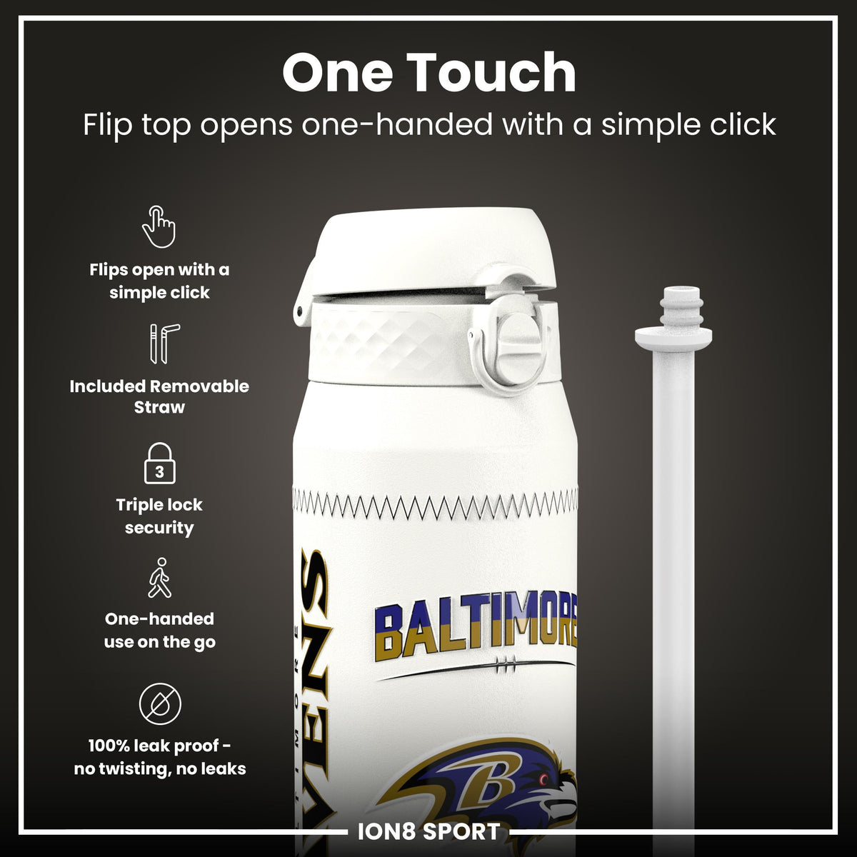 NFL x ION8, Isolierte Stahlflasche, GameDay Serie, Lamar Ravens, 750 ml