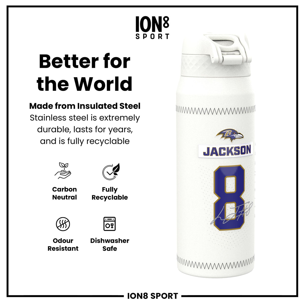 NFL x ION8, Isolierte Stahlflasche, GameDay Serie, Lamar Ravens, 750 ml