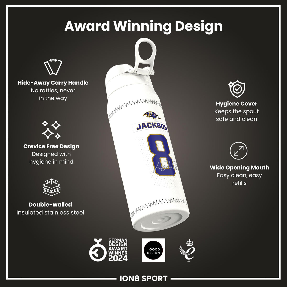 NFL x ION8, Isolierte Stahlflasche, GameDay Serie, Lamar Ravens, 750 ml