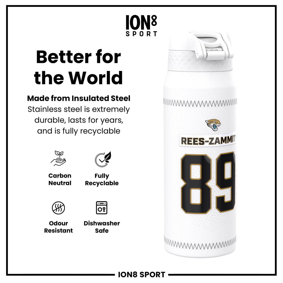 NFL x ION8, Isolierte Stahlflasche, GameDay Serie, Zammit Jaguars, 750 ml