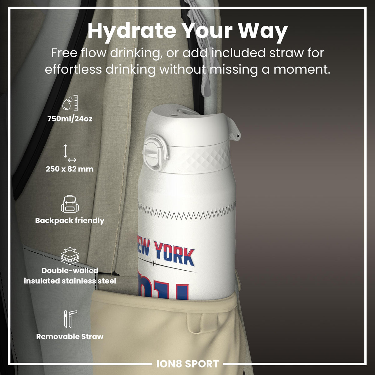 NFL x ION8, Isolierte Stahlflasche, GameDay Serie, Nabers Giants, 750 ml