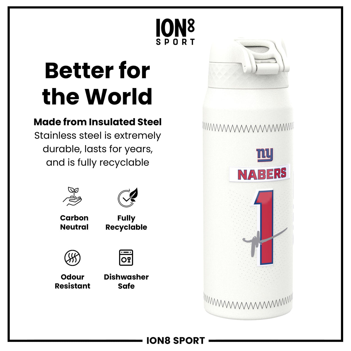 NFL x ION8, Isolierte Stahlflasche, GameDay Serie, Nabers Giants, 750 ml