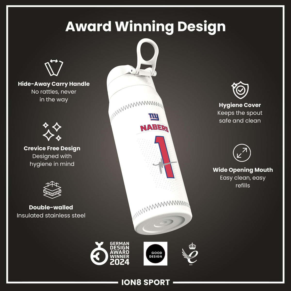 NFL x ION8, Isolierte Stahlflasche, GameDay Serie, Nabers Giants, 750 ml