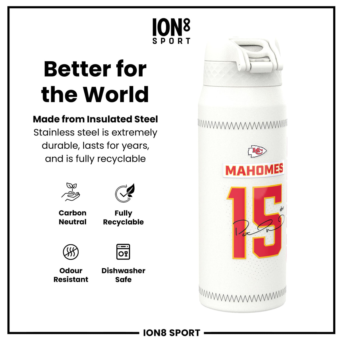 NFL x ION8, Isolierte Stahlflasche, GameDay Serie, Mahomes Chiefs, 750 ml