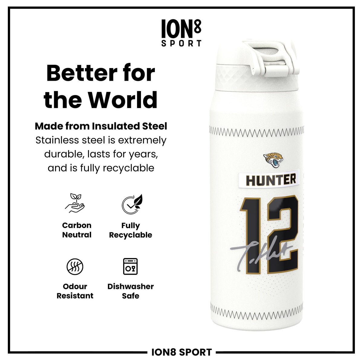 NFL x ION8, Isolierte Stahlflasche, GameDay Serie, Hunter Jaguars, 750 ml